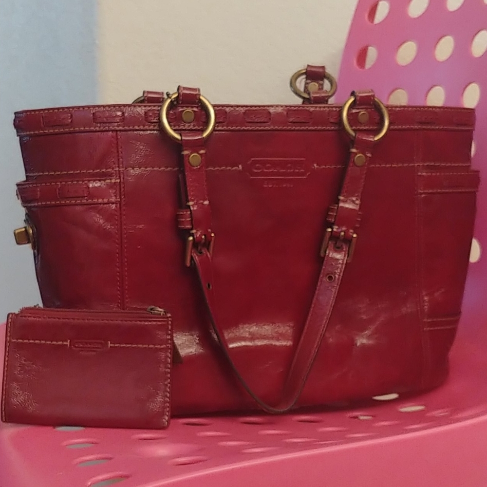 Red leather coach bag with matching wallet